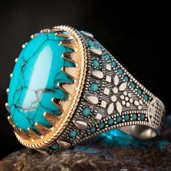 Europe Wholesale Acrylic Big Stone Geometric Turquoise Ring Retro Fashion Large Stone Turquoise Rings for Men