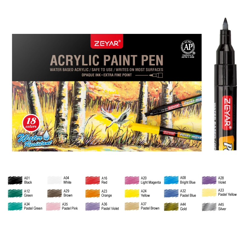 ZEYAR Acrylic Paint Pens Extra Fine Point Water Based Permanent Ink Paint Marker for Rock Painting 64 Colors