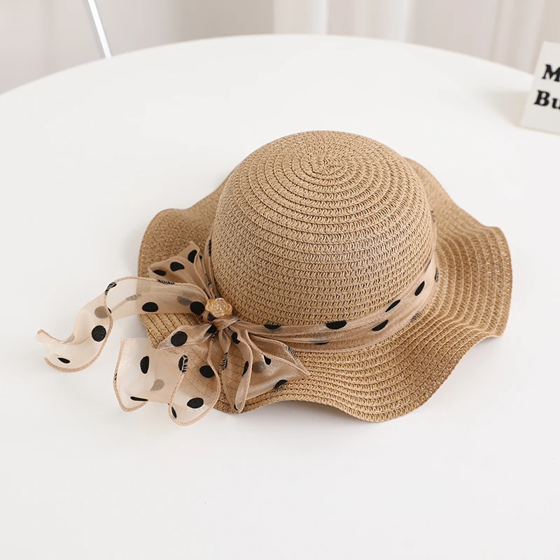 Summer Kids BagSet Luxury Ribbon Wide Wave Brim Bowknot Spotted Sweet Cute Sunshade Hat For Beach Outdoor Girl Bag Straw Hat Set