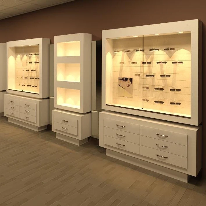 Optical Shop Design Wooden Sunglass Display Stand Showcase Custom Eyeglasses Store Shelf Decoration Eyewear Display Cabinet