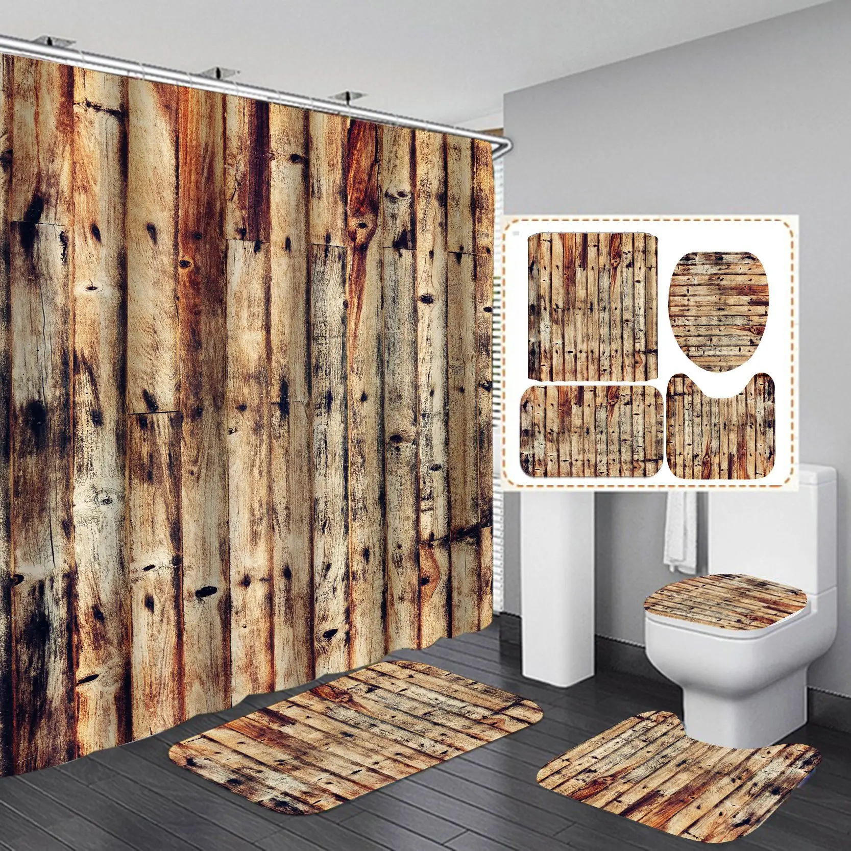 2020 Custom Bathroom Sets Digital Printing Shower Curtain 4 Pcs Wholesale Polyester Bathroom Mat With Shower Curtain With Hooks