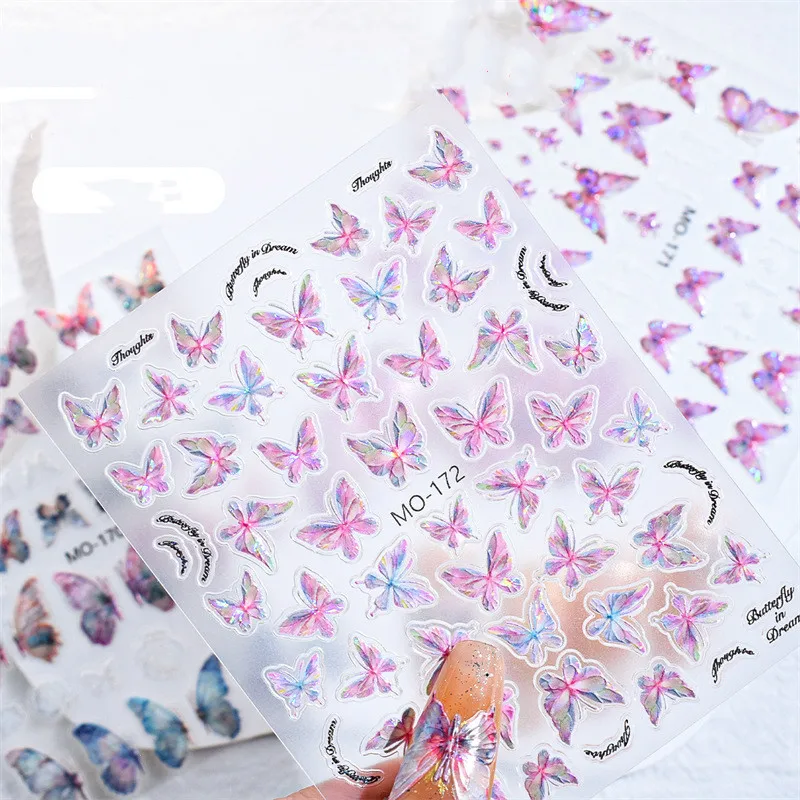 3 styles Butterfly Letters Nail Stickers Adhesive Decal Slider Laser Nail Art Decoration