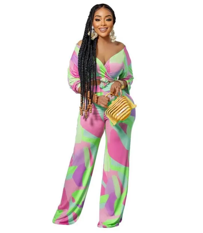 fall 2022 women clothing tie die long sleeves knotted crop top with wide leg pants colorful 2 piece pants set