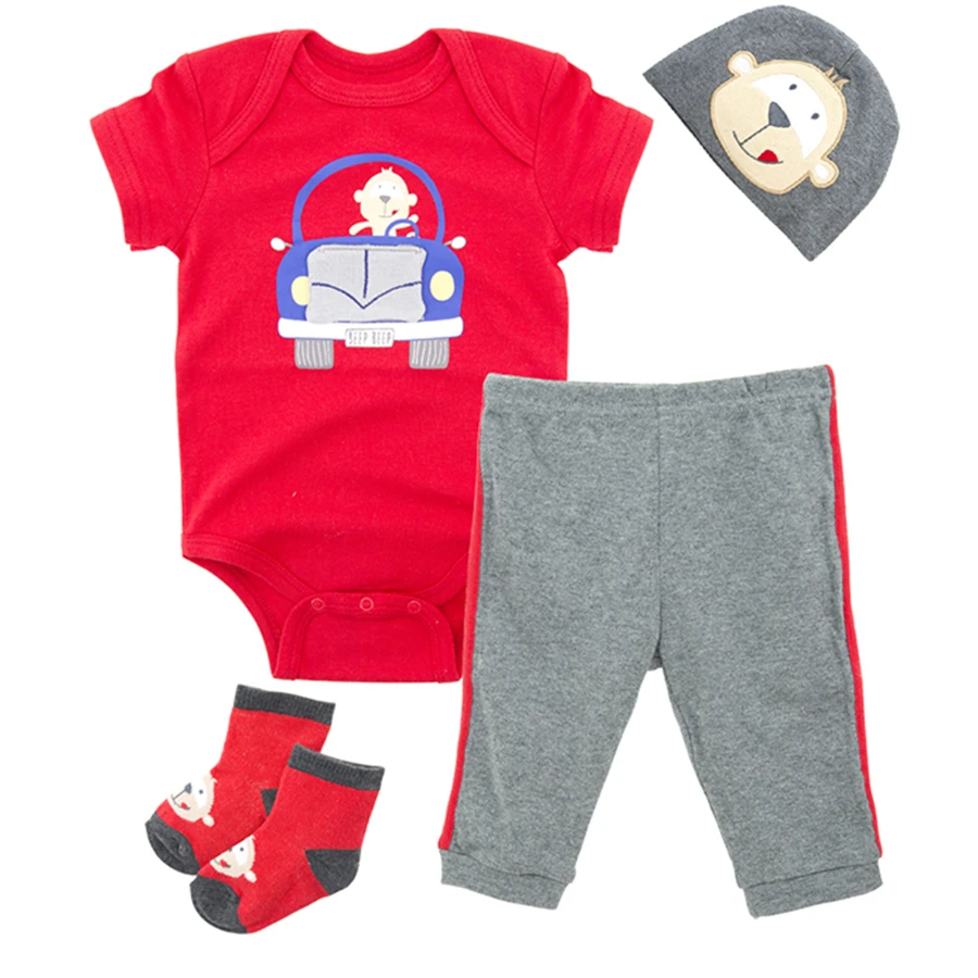 4 pics set romper+pant+hat+socks baby  short sleeve red top and gray pant clothing spring kids clothing set baby girl clothes