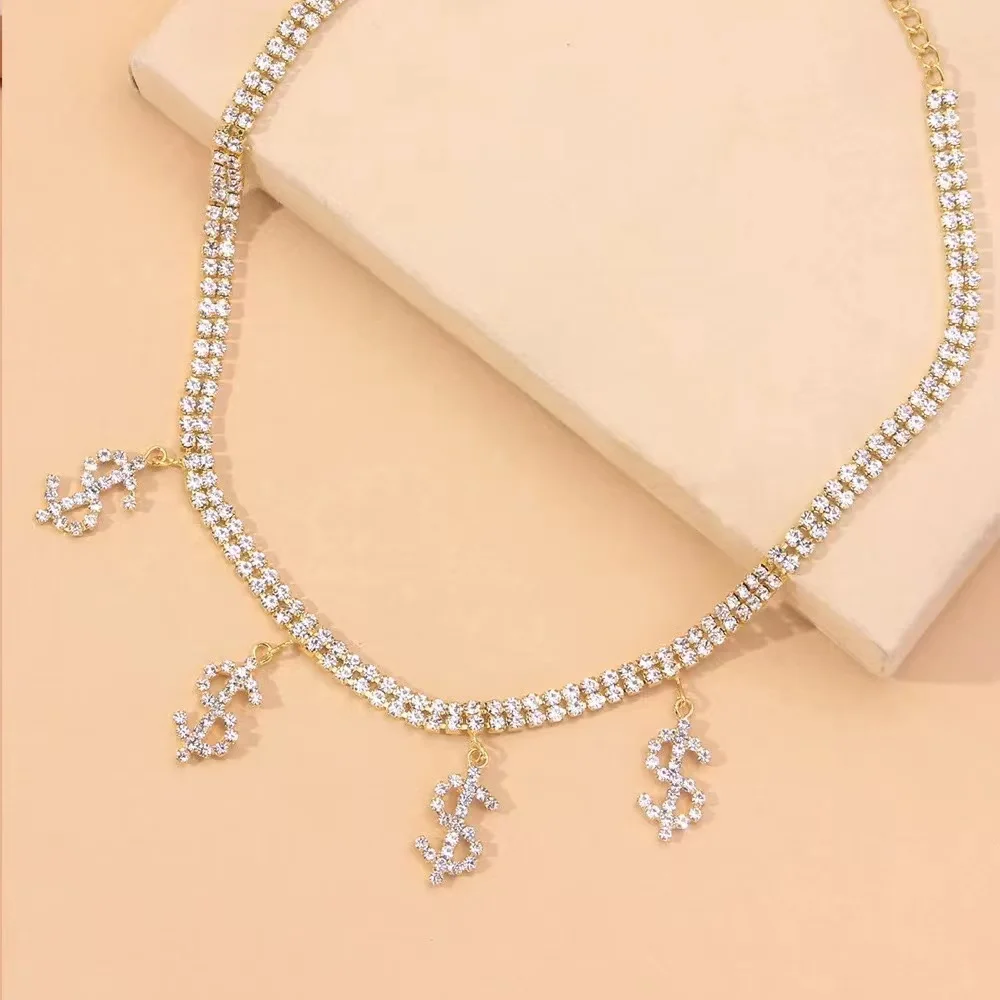 PJ-M074 Women Dainty Adjustable Non-fading  Crystal Rhinestone Dollar Sign Pendant Necklace for Women