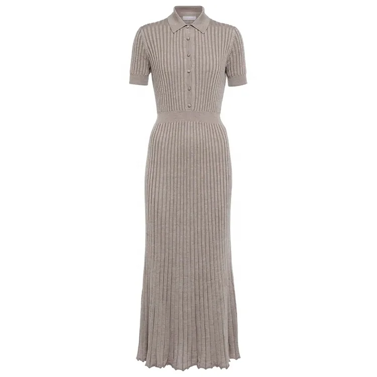 Оптовая продажа с фабрики 2022, платье-свитер с коротким рукавом и воротником-поло, женское длинное трикотажное платье-свитер в рубчик