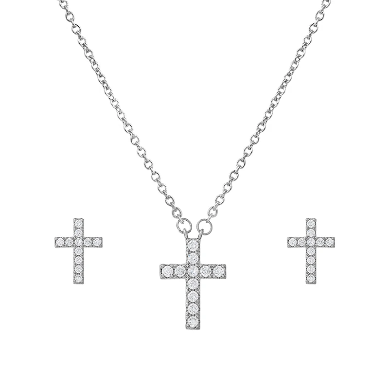Weiman Jewelry Exquisite Rhodium Plated Cubic Zirconia Cross Pendant Necklace and Earrings Jewellery Set