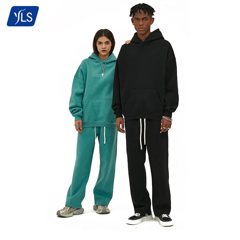 YLS Custom High Quality Printing Tracksuit Cotton Fleece 350GSM Raw Hem Cut and Sew Hoodies Sweatpants and Hoodie Jogger Set