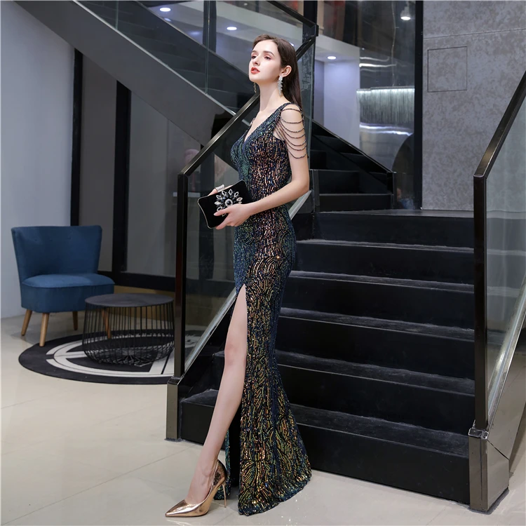 NWE2001Real Sample on Store Beaded Sexy Front Slit Fitted Evening Dress V-neck Party Dress