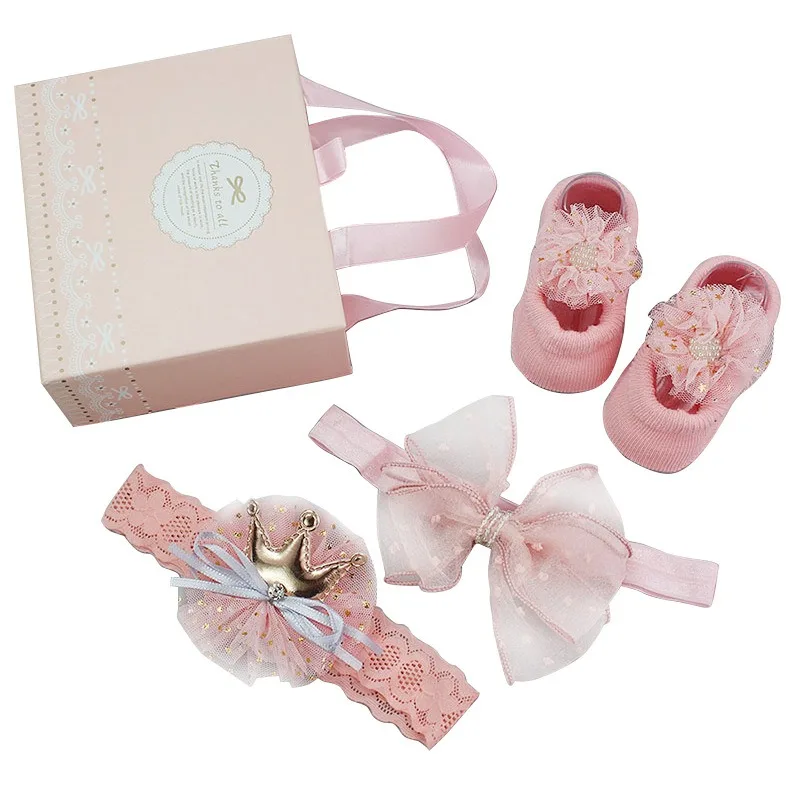 3pcs/set Cute Bow Lace Headband Socks Set for Baby Cotton Carton Socks Baby Infant Rattle Socks Toys 3-6 to 12 months Girl