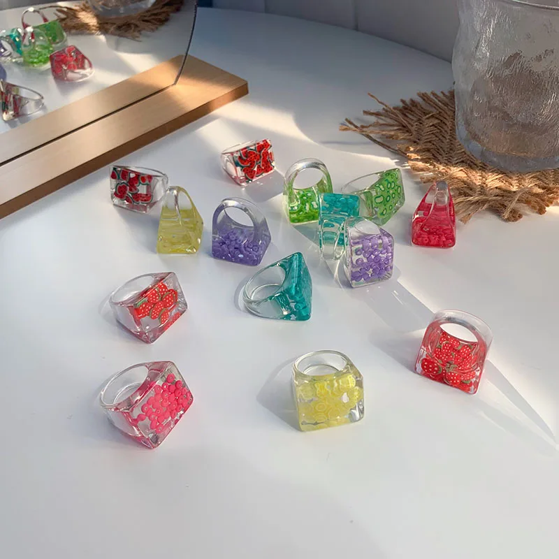 Summer Hot Sale Multi Color Geometric Acrylic Rings Cartoon Fruit Ring Cute Candy Colored Resin Ring