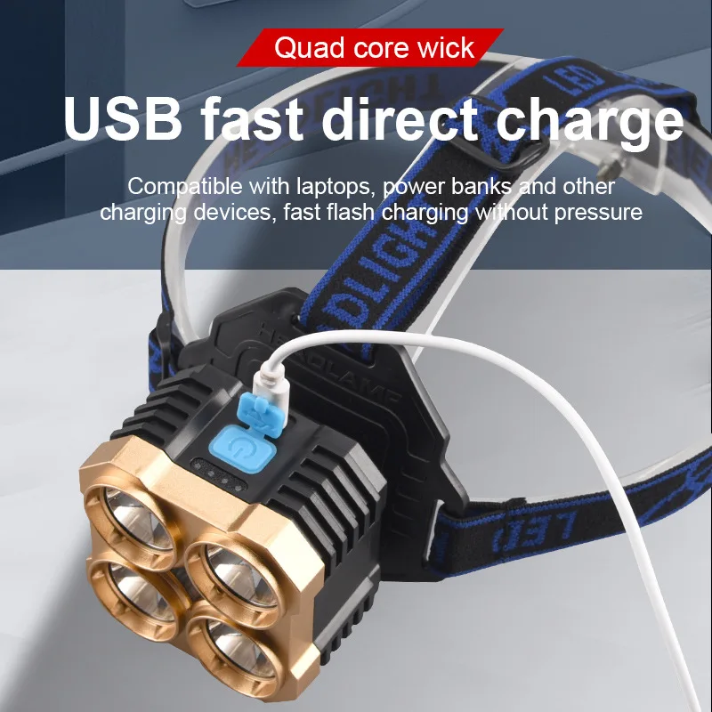 D241 открытый 4LED Фары Водонепроницаемый USB перезаряжаемые фары Шахтерская факел проблескового света лампы 18650 бег светодиодные с