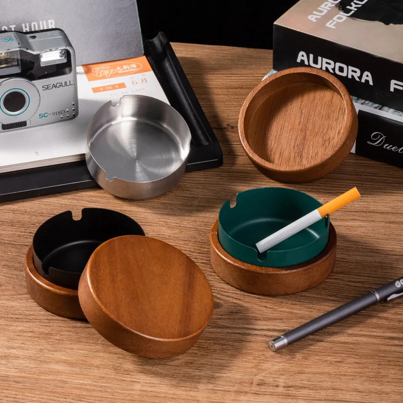 New Design Walnut Wooden Ash tray Windproof Retro Western Style Acacia Wood Cigar Ashtray for Cigarettes