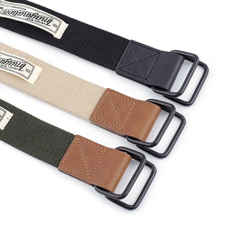 Unisex canvas woven double ring buckle  hip hop style nylon metal buckle material weaving fabric belts for men