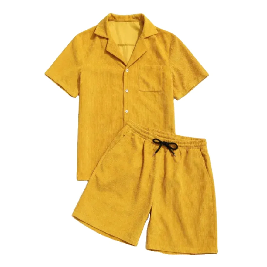 Customization high quality corduroy shirt and shorts set summer casual wear solid shirt set  for men