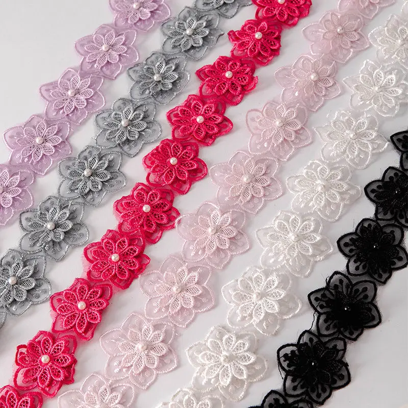 Wholesale Factory Custom Embroidery Flower With Rhinestones And Beads Embroidered White Chemical Lace Trim Lace  For Dresses