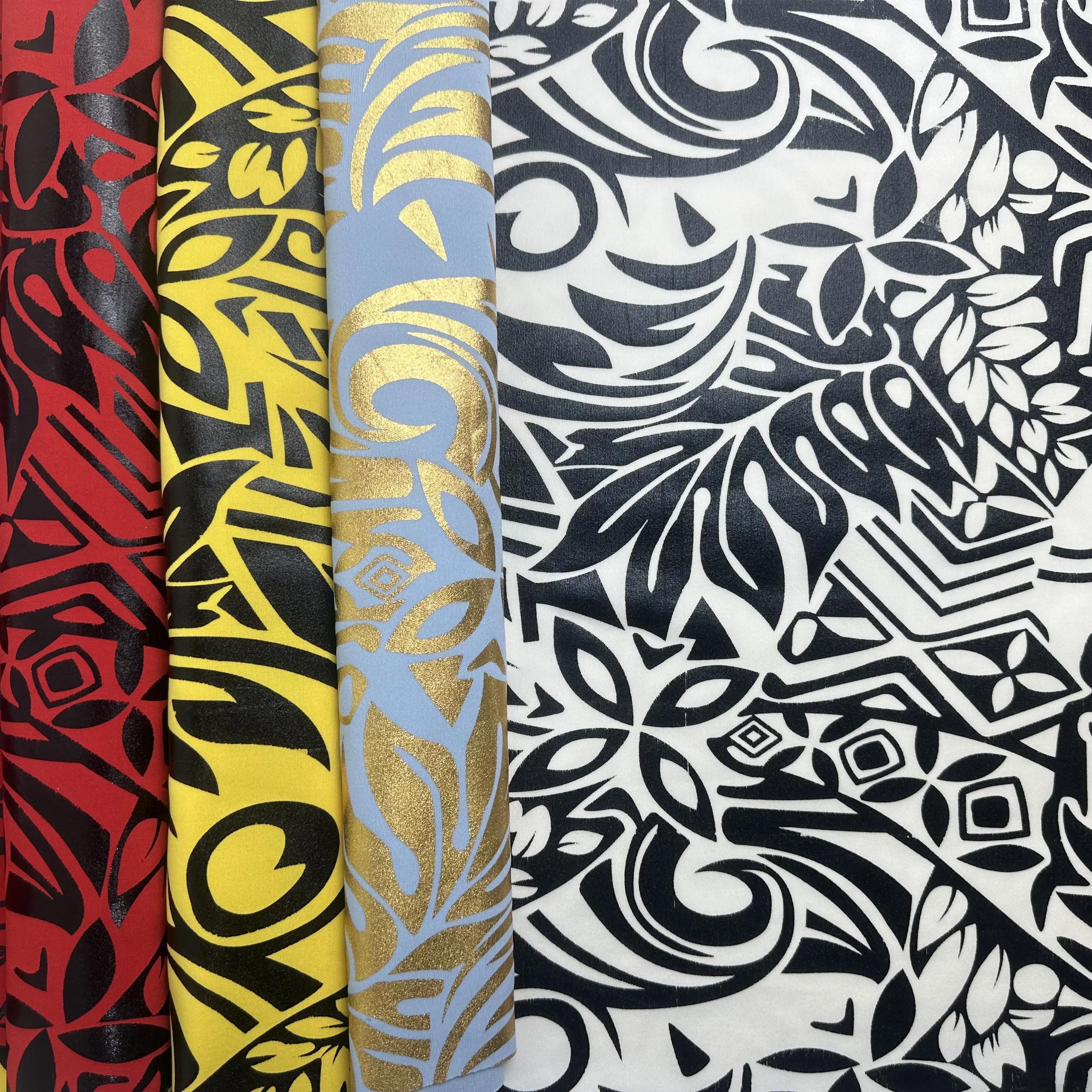HL Polynesian Hawaiian Rropical Tribal Samoan Floral Pattern Printed Foil Fabrics Designs By Yards
