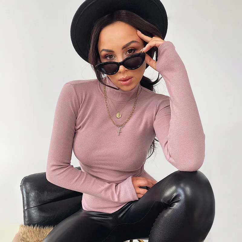 Sexy Fashion Ribbed Cotton Long Sleeve Thumb Hole Plain Turtle Neck Sweater Women 2020