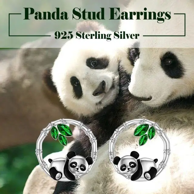 Animals  Panda Bamboo With Zircon 925 Sterling Silver Hoop Stud Earrings For Women