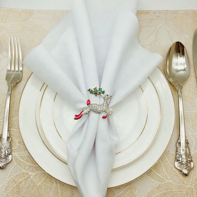 Christmas Napkin Ring Luxury Diamond Reindeer Napkin Ring Holder Silver Metal napkin rings for Christmas Dinner Table Decoration