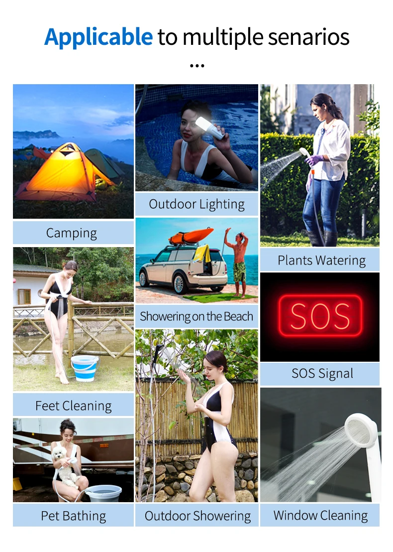 4400mA Battery Portable Outdoor Shower Big Capacity Travel Pump Water Shower LED Light Portable Electric Shower