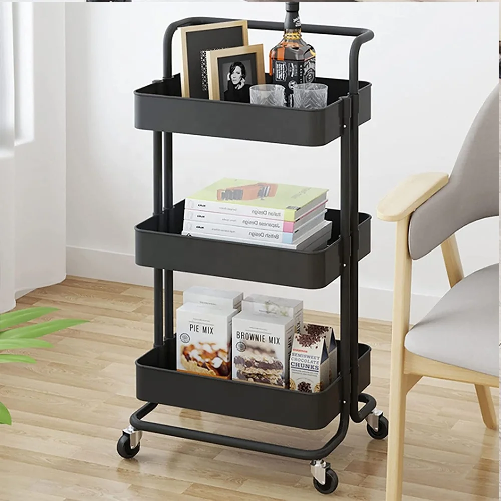 3 Tier Household Stackable Kitchen Storage Rack Multi Purpose Mobile Adjustable Plastic Utility Rolling Cart