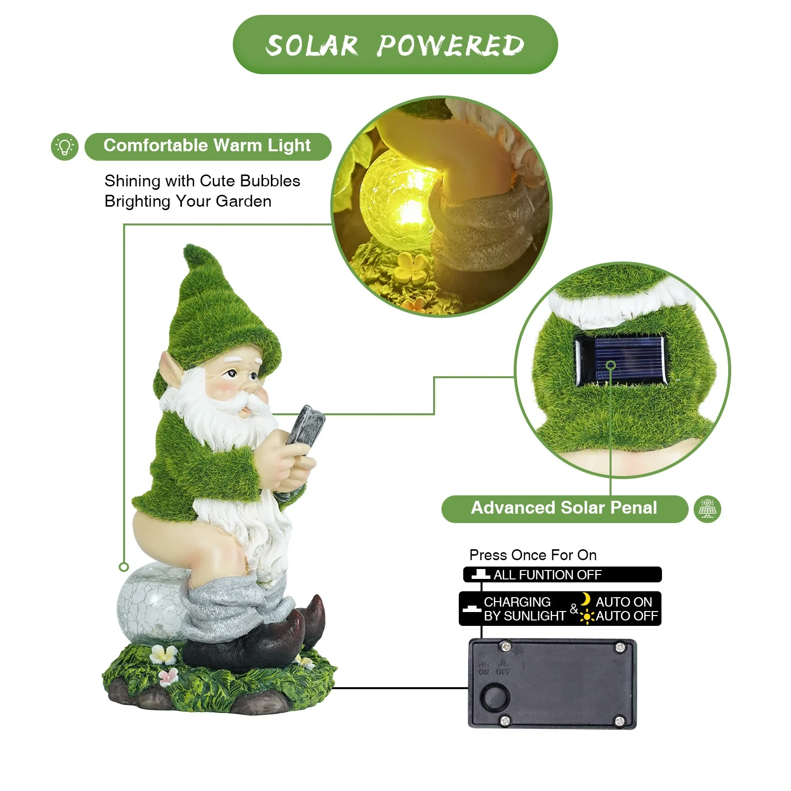 garden decoration flocked artificial moss Resin dwarf gnome statue with Mobile sitting on a glass ball with solar light
