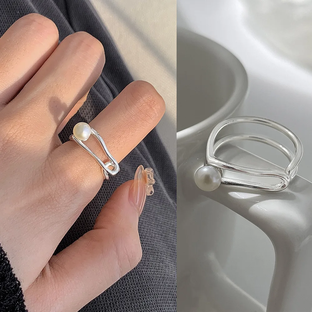 French Style Baroque Pearl Ring Women Silver Plated Adjustable Opening Cuff Irregular Geometric Ring for Party Jewelry