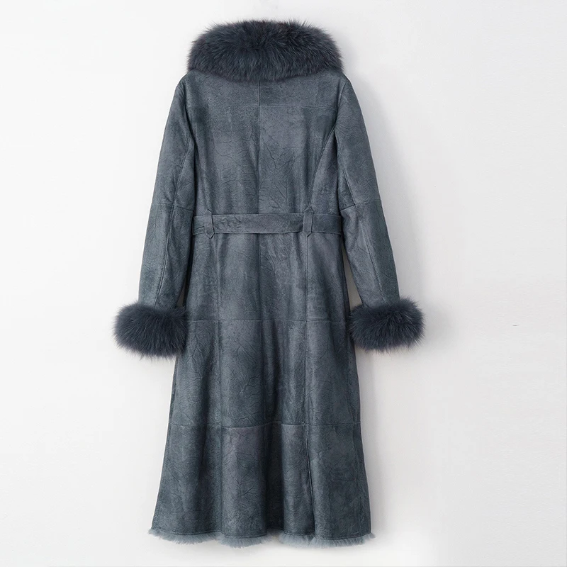 Fashion Luxury Big Real Fox Fur Collar Waist Belt Long Style Genuine Rabbit Skin Double Face Leather Coat With Fur For Ladies