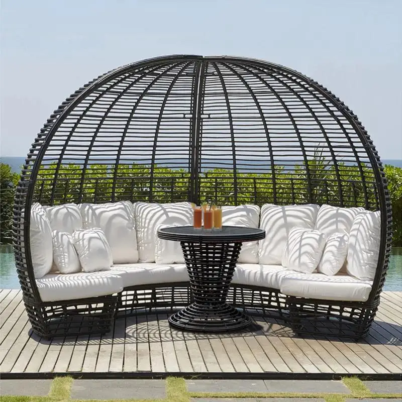 High Quality European Style outdoor wicker unique round shape home and garden furniture rattan sofa set with canopy