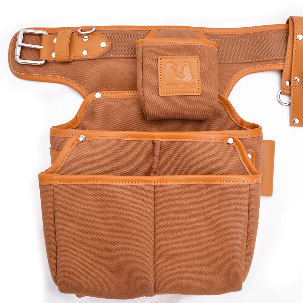 Professional canvas leather carpenter tool belt pouchwith belt low moq 6 pockets belt tool bag work for tool organizer