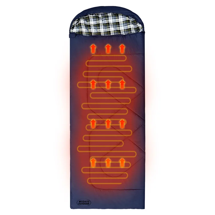 Mydays Outdoor Portable Warm Winter Waterproof Cotton 12V DC Port Heated Envelope Sleeping Bag with Carry Bag