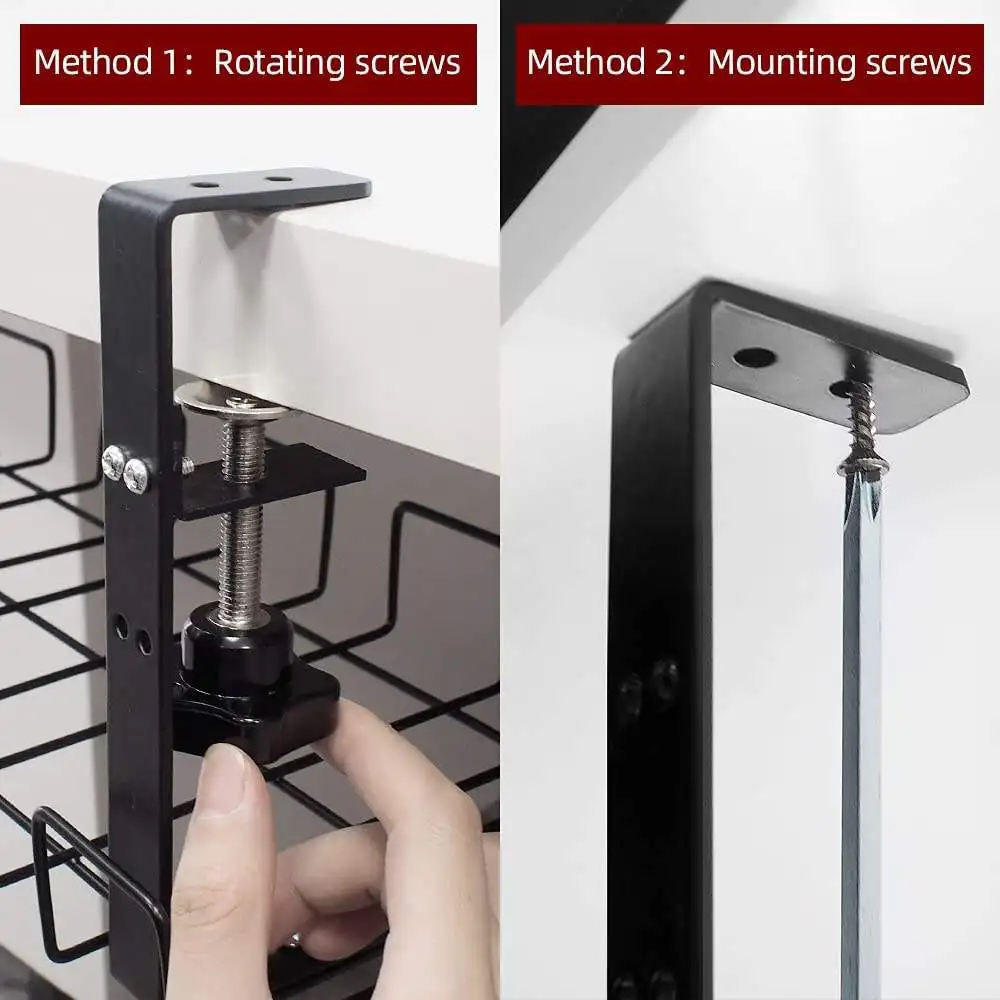 Amazon no-drill power strip storage rack, office desk wire organizer, cord holder with adjustable hanging basket.