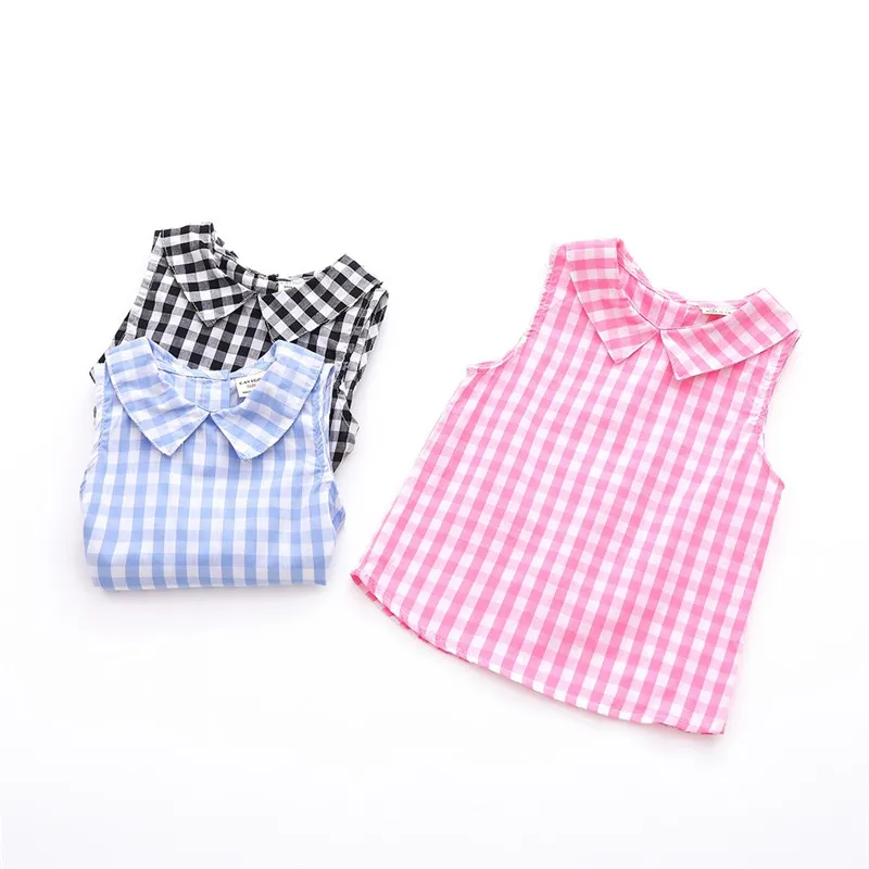 
2021 Summer New Outdoor Vest Custom Plaid Print Top O-neck Sleeveless Girls Children Baby Sleeveless Top Kids 