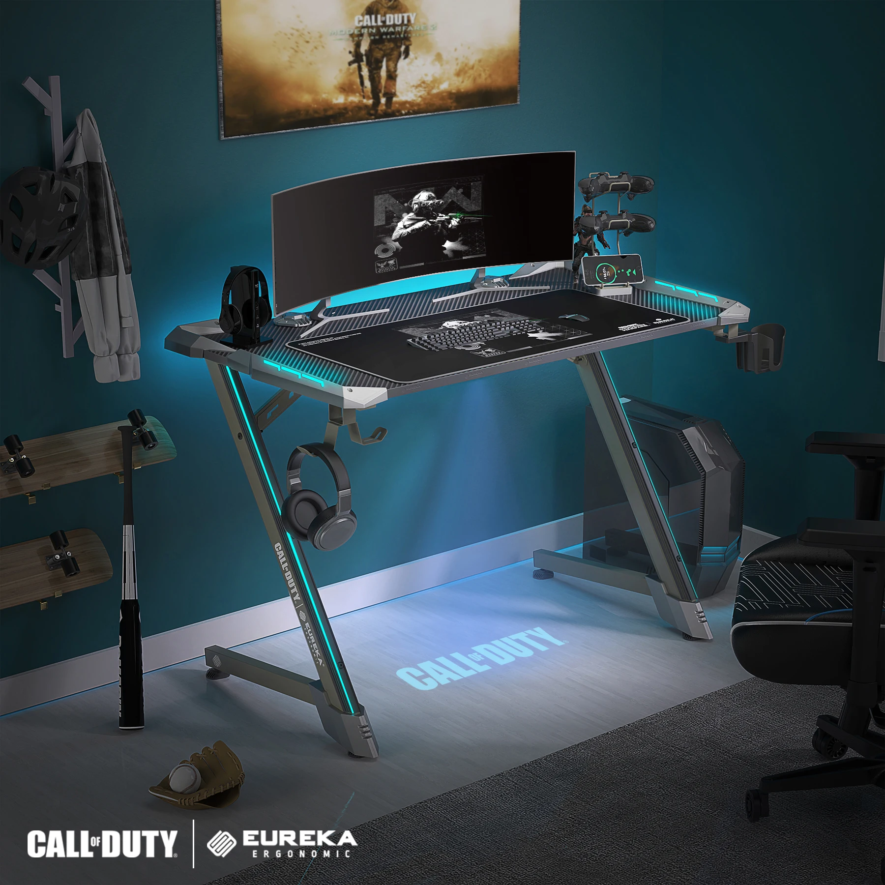Call Of Duty co-Branding PC Gamer Desk RGB LED Lighting Z-Shaped Gaming Computer Table