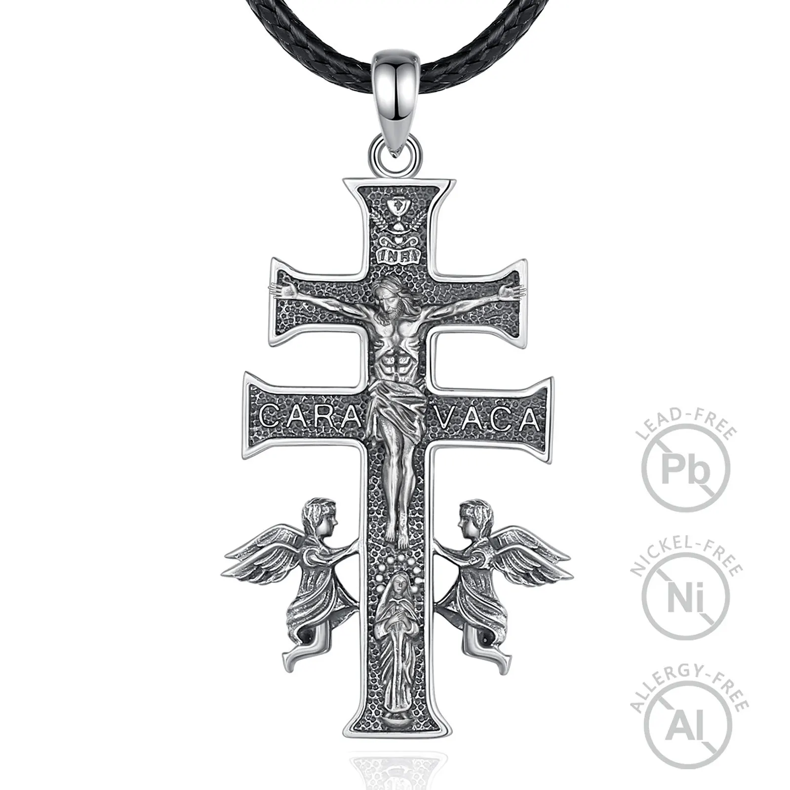 Merryshine Christian Amulet Religious Jewelry Jesus 925 Sterling Silver Double Cross Crucifix Caravaca Necklace for Men