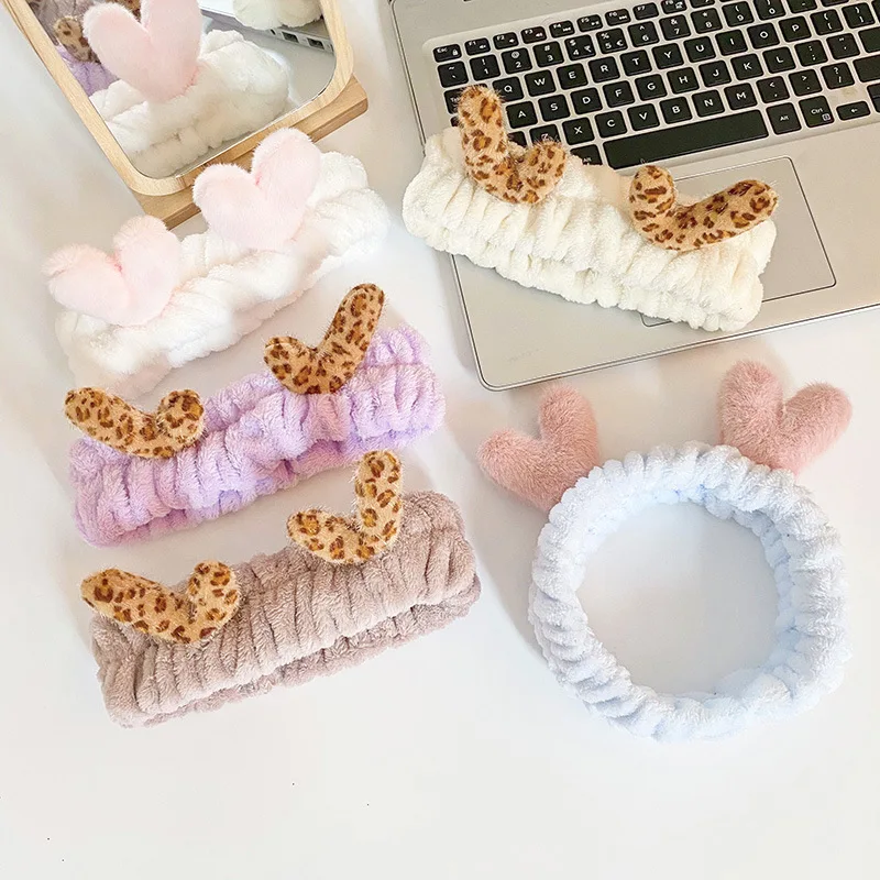 Bath Photo Prop Hair Accessories Women Girls Cute Coral Fleece Deer Horn Elastic Headbands Soft Comfortable Wash Face