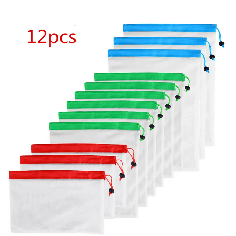 Wholesales pack of 12pcs white custom multipurpose durable strong shopping packing bags vegetable mesh bag