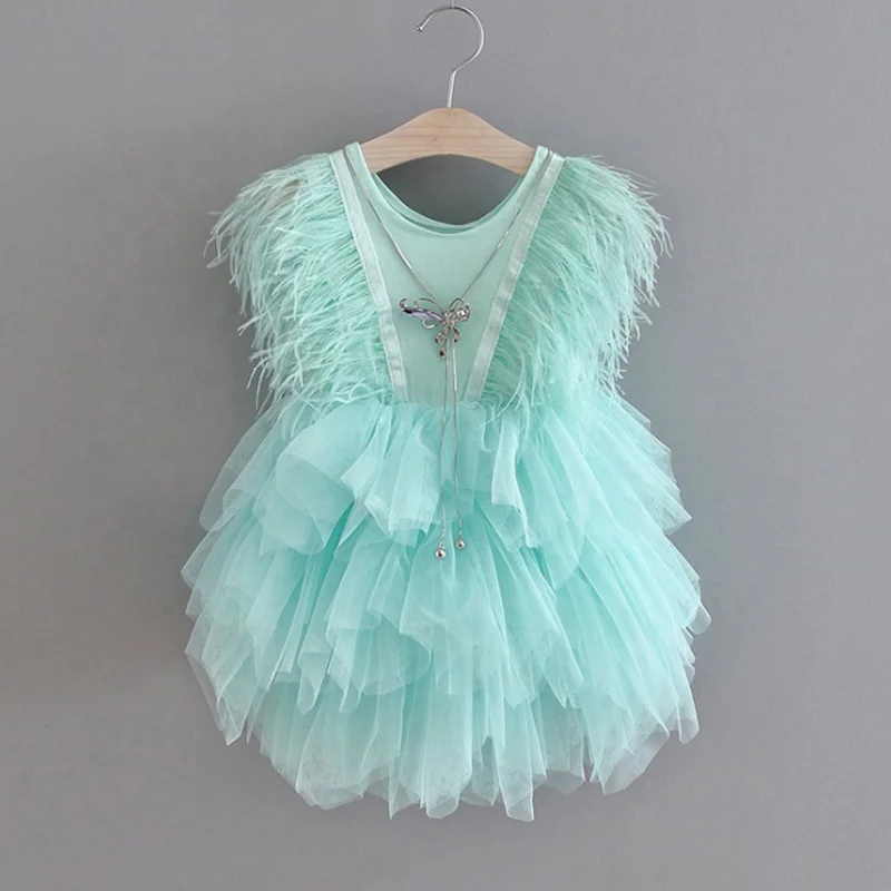 Baby Kid Girls Spaghetti Strap Feather Party Dress Shiny Princess Birthday Ruffle Tulle Spliced Tutu Cake Dress