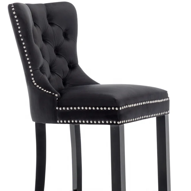 High back and seat with front back buttons decoration and studs around top wooden KD legs bar chair