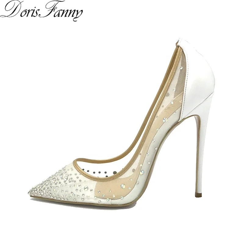 Wholesale High Quality Crystals Sexy White Mesh Lady Stiletto Heels Pump Bridal Party Wedding Shoes For Bride