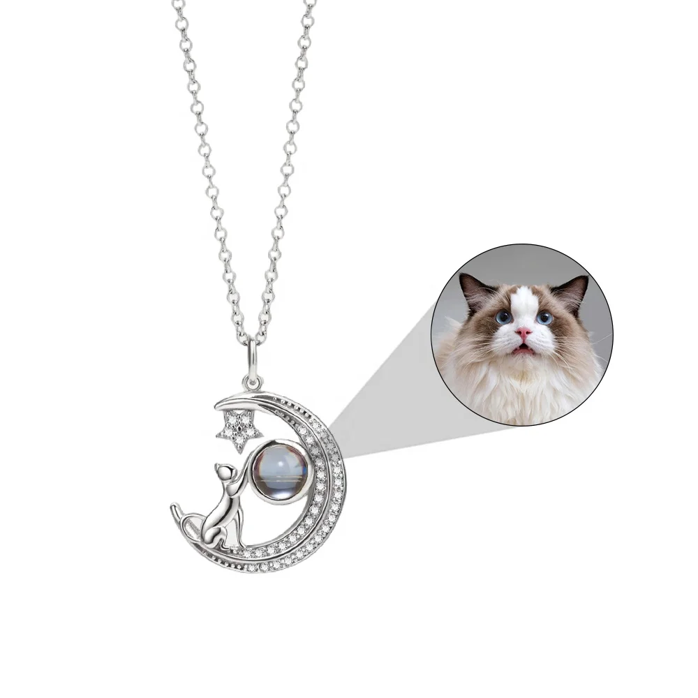 Dainty Cat Moon Necklace Custom Photo Projection Necklaces for Women Wholesale Trendy Jewelry Shopify USA Dropshipping
