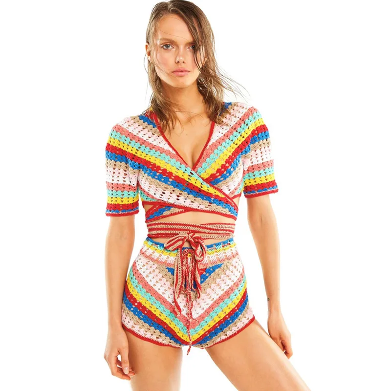 Factory Summer women colorful striped sexy crop top two piece set lace up hand crochet knit top cotton knit shorts suit