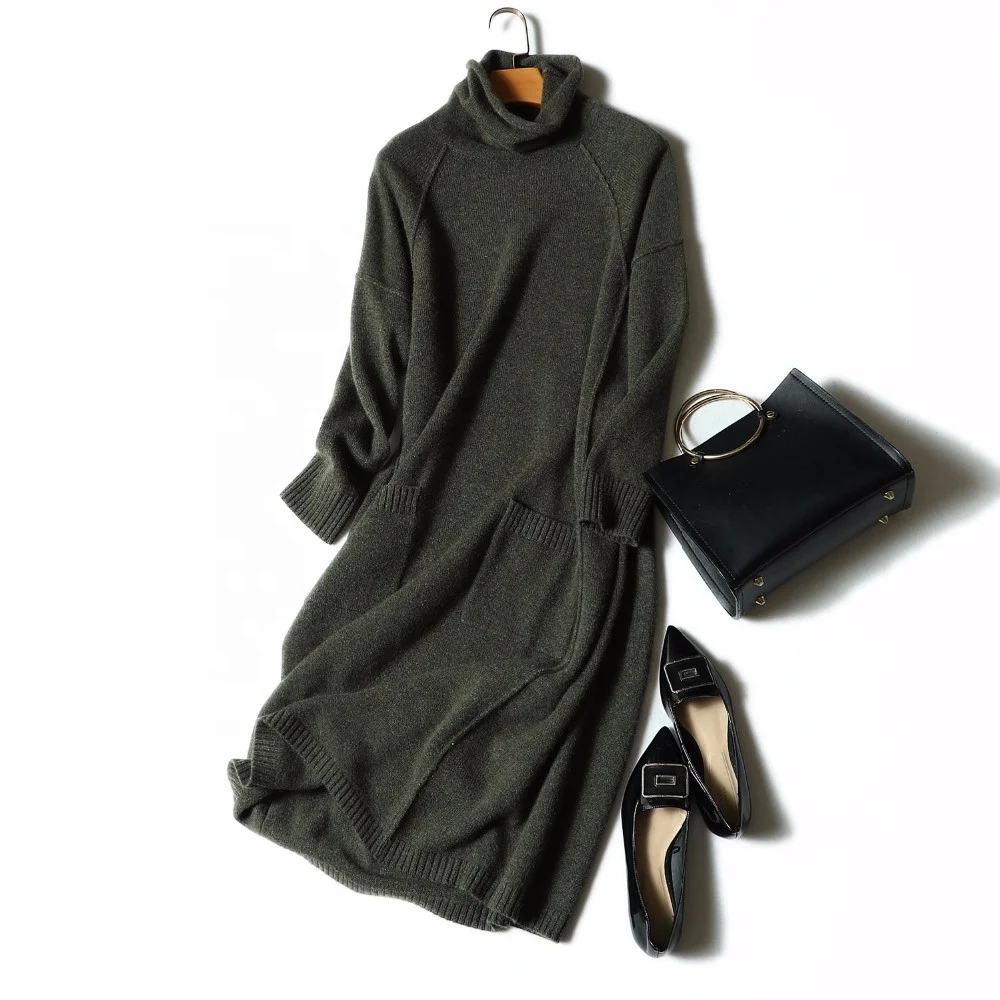 Winter fashion turtleneck warm cashmere sweater turtleneck dress long sleeve knit dress for women