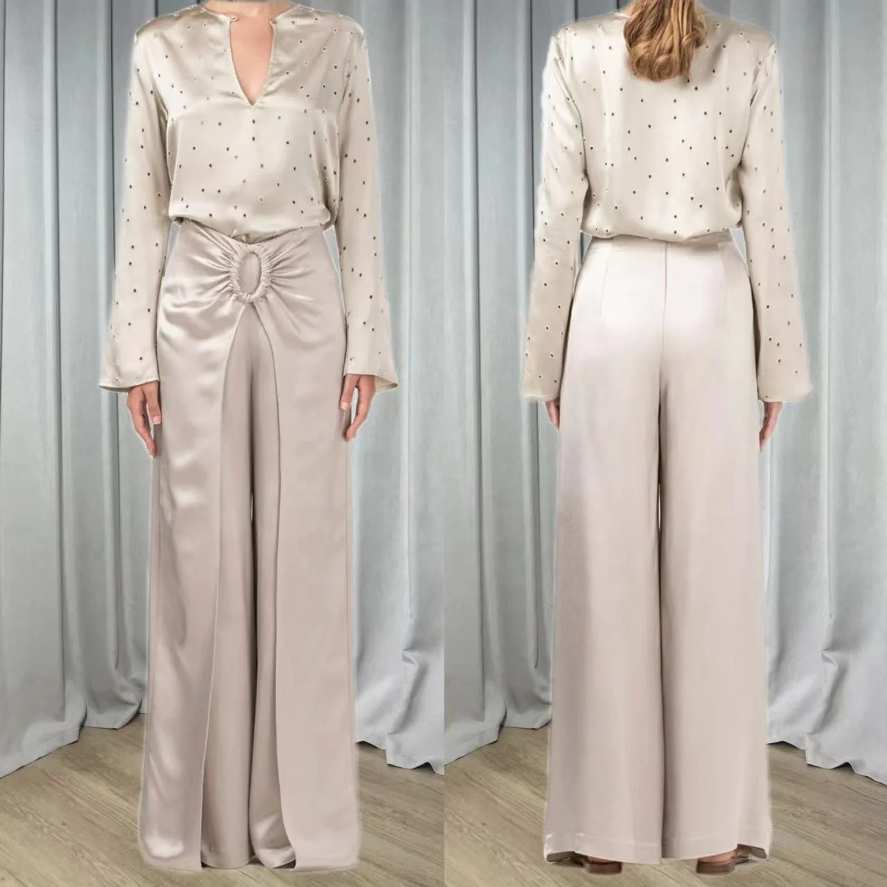 Hot Featured Hollowed-out Points V-Neck Long Sleeves Satin Women Shirt Double Metal Ring Straight Leg Pants One Set Casual suit