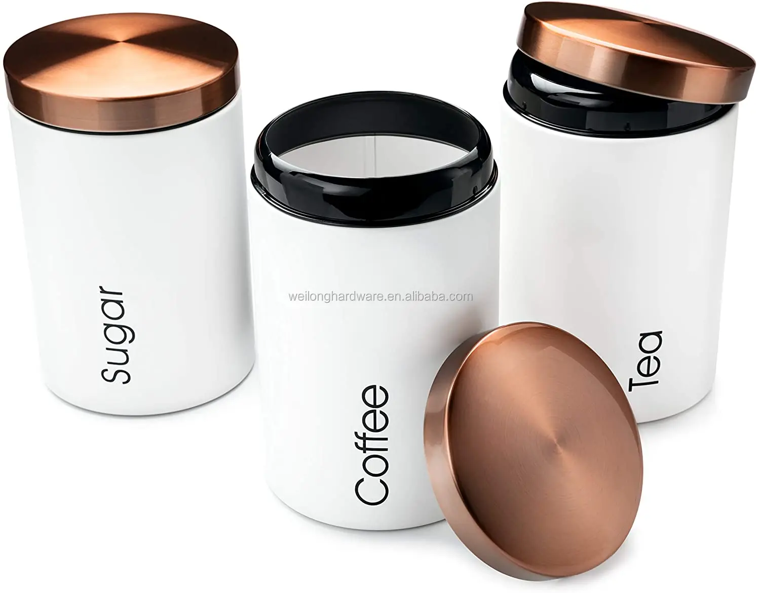 Set of 3 Large Metal Kitchen Storage Canisters Copper Stainless Steel Lid Jars for Storage of Tea Coffee and Sugar