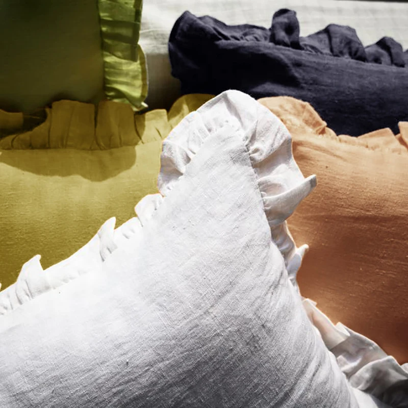 45x45cm organic European  Stone washed 100% Flax linen cushion cover Sublimation Blanks Pillow Cases With ruffled edge