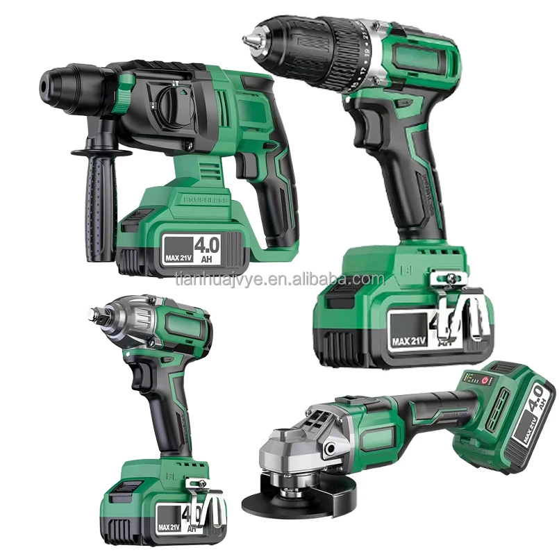 4-Piece 20V Cordless Power Drill Combo Set with Electric Wrench 1-Year Warranty OEM Support for Repair Use Boxed with Hard Case
