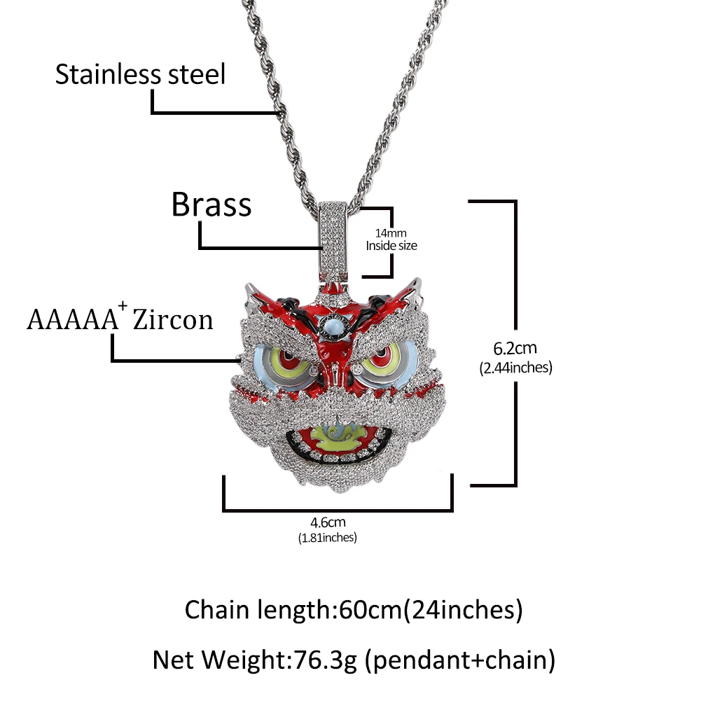Colorful Men Jewelry Iced Out Hip Hop Inlaid Zircon Lion Awakening Pendant Oil Dripping Lion Head Necklace Chains for Men