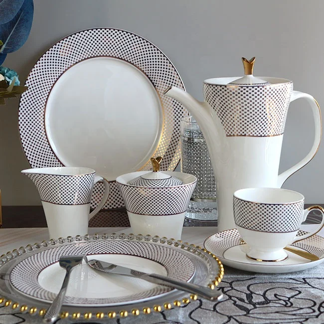 Hot sale ceramic gold plate tea set  fine porcelain dinnerware bone  china dinnerware sets